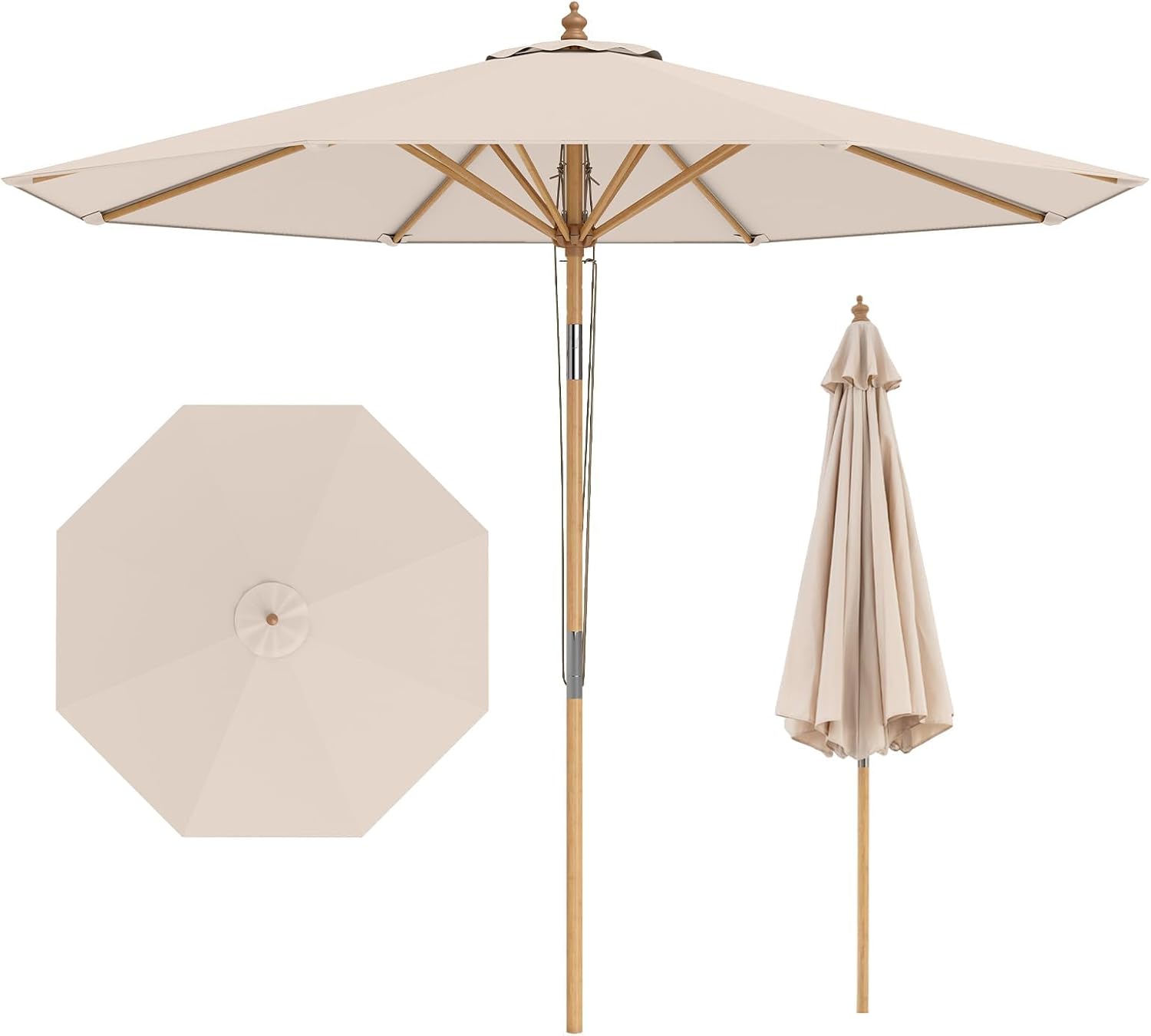 FANTASK Sombrilla Plegable 270 cm Bambú 30° Inclinación Tejido Poliéster Beige