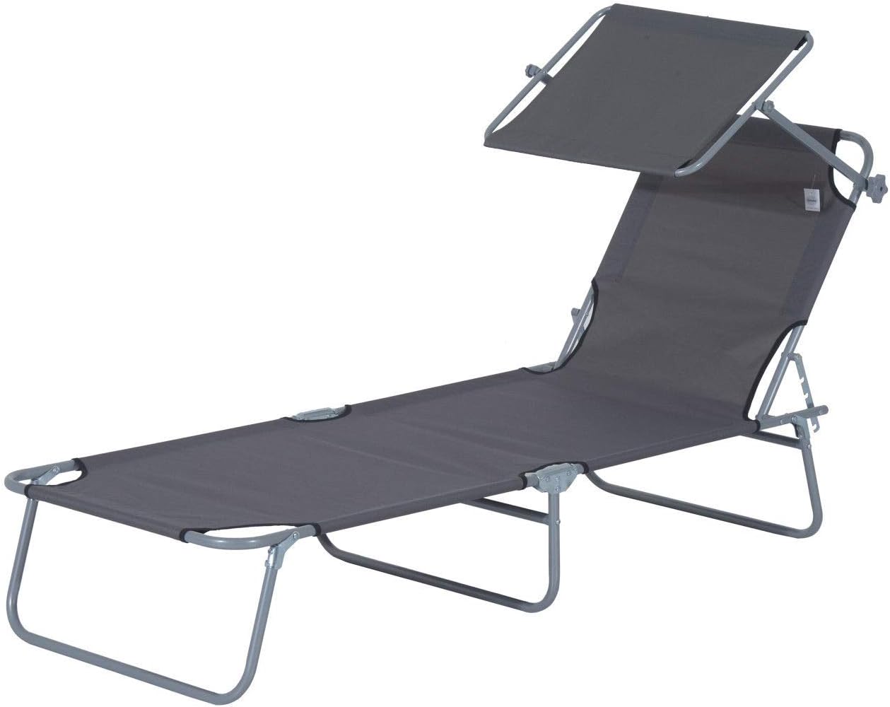 Outsunny Tumbona Plegable 187 × 58 cm Toldo Ajustable 4 Posiciones Gris