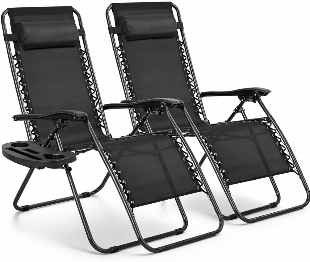 T-LoVendo Pack de 2 tumbonas plegables Zero Gravity con reposacabezas y portavasos