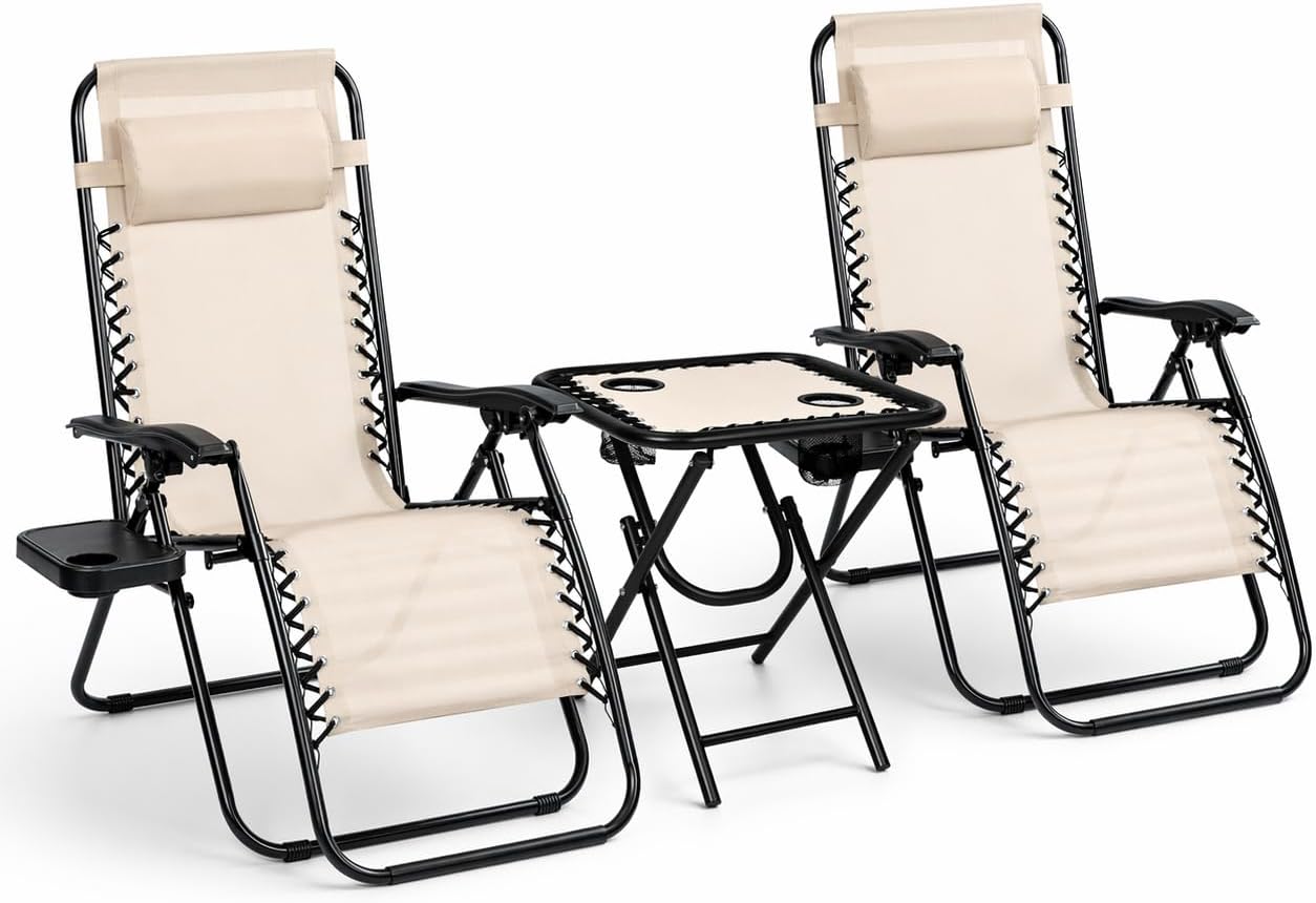 T-LoVendo Pack de 2 tumbonas plegables Zero Gravity con reposacabezas y portavasos