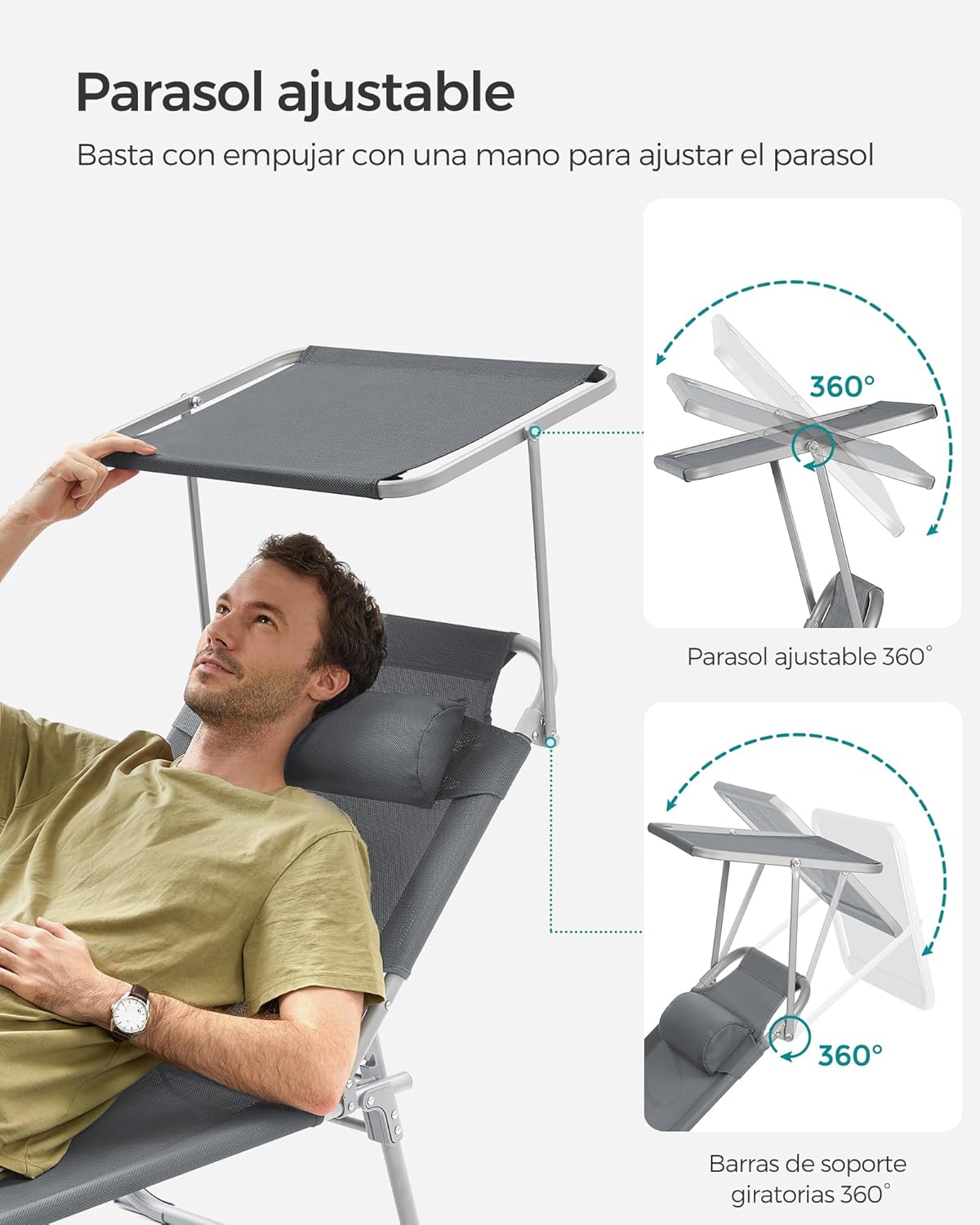 SONGMICS Tumbona Plegable 193 × 53 × 29 cm Reposacabezas Respaldo 4 Posiciones Gris - vista 2