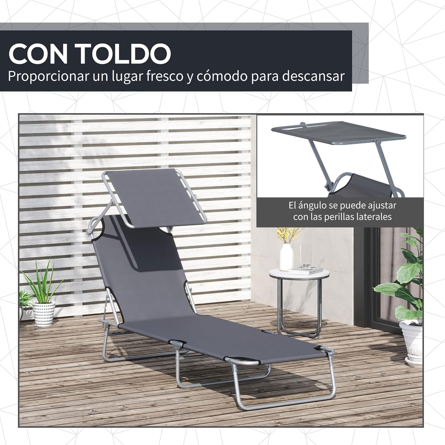 Outsunny Tumbona Plegable 187 × 58 cm Toldo Ajustable 4 Posiciones Gris - vista 2