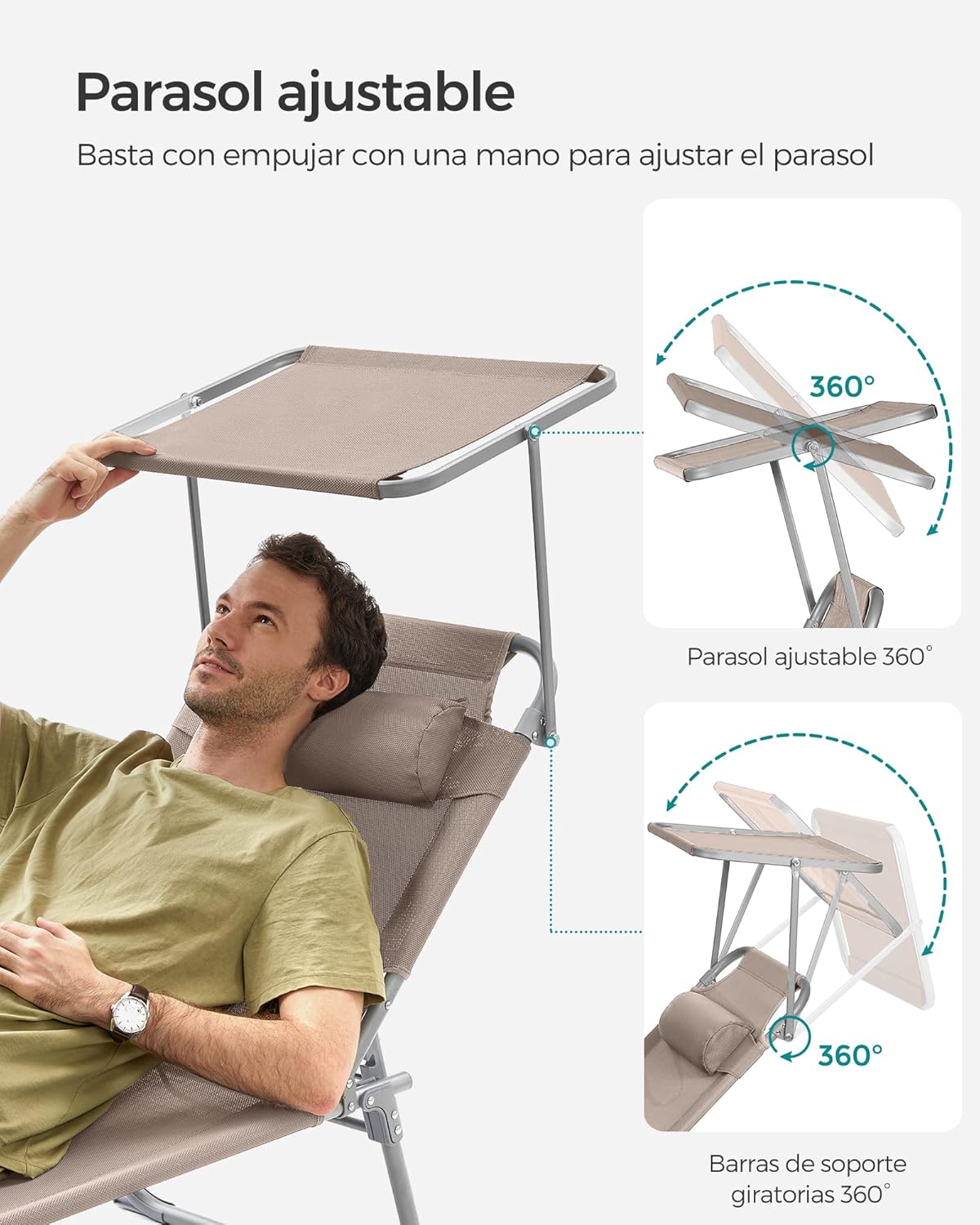 SONGMICS Tumbona Plegable 193 cm 150 kg Parasol Respaldo 4 Posiciones Topo - vista 2