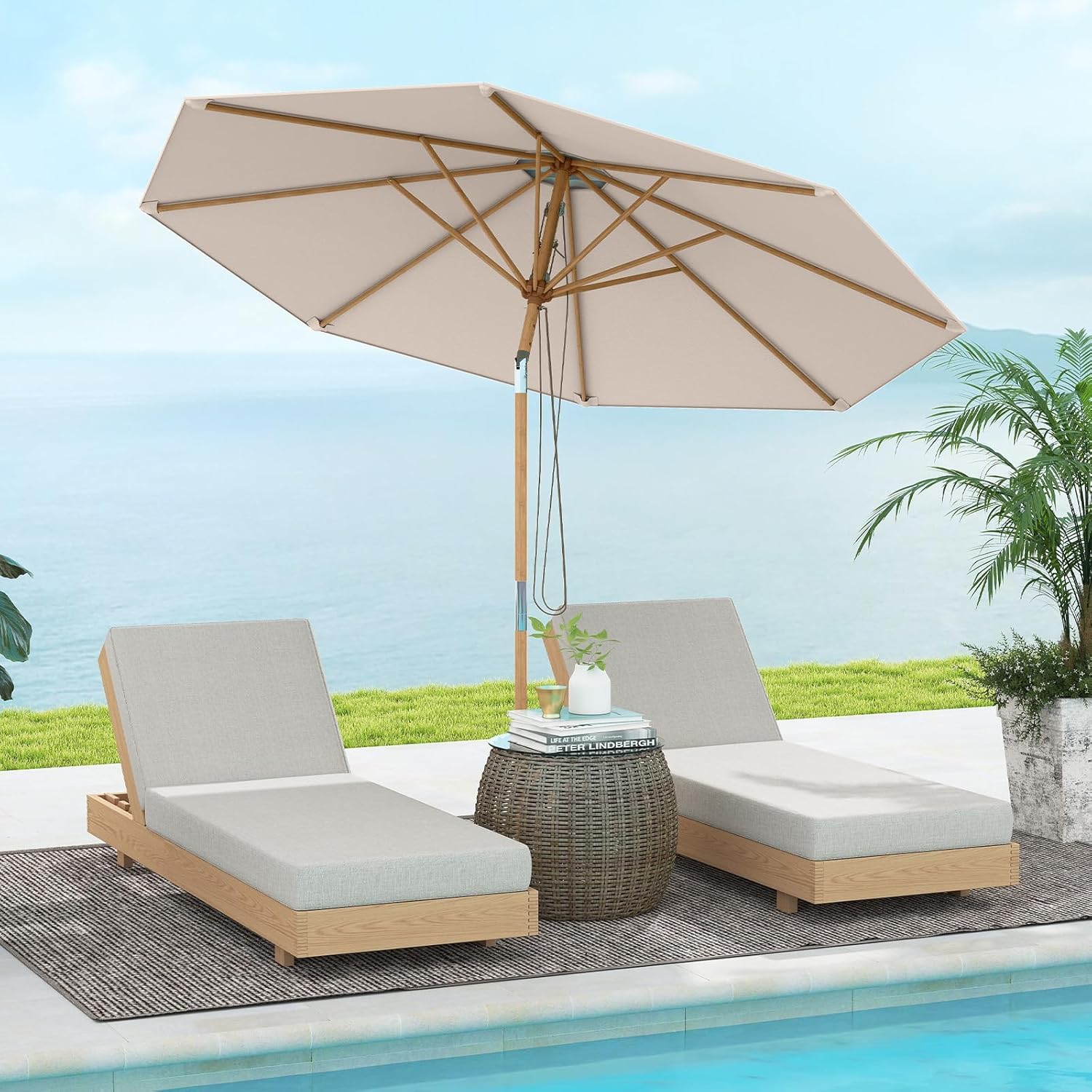 FANTASK Sombrilla Plegable 270 cm Bambú 30° Inclinación Tejido Poliéster Beige - vista 2