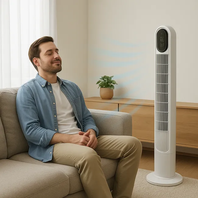 FBRIGHT Ventilador de Torre 45W Blanco Oscilante con Mando y Temporizador 10h
